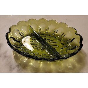 Anchor Hocking Fairfield Avocado Green 7" Oval Divided Relish/Nut/Candy Dish